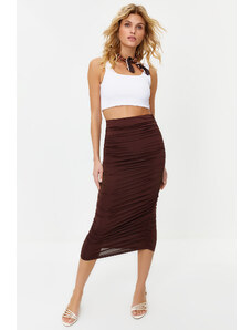 Trendyol Brown Gathered Fitted Lined Maxi Stretch Knit Skirt