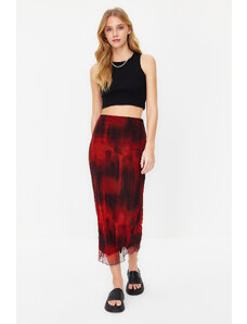 Trendyol Red Printed Wrinkled Look Lined Tulle Maxi Stretch Knit Skirt