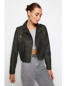 Trendyol Anthracite Aged Detailed Faux Leather Biker Jacket Coat