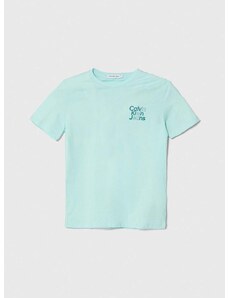Dětské bavlněné tričko Calvin Klein Jeans tyrkysová barva, s potiskem