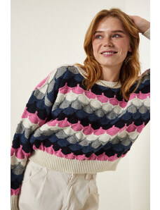 Happiness İstanbul Cream Pink Textured Seasonal Knitwear Sweater
