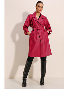 Bigdart 1034 Belted Faux Leather Trench Coat - Claret Red