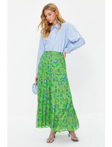 Trendyol Green Pleated Floral Patterned Lined Chiffon Woven Skirt