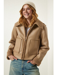 Happiness İstanbul Beige Für Collar Wide Pocket Faux Leather Jacket