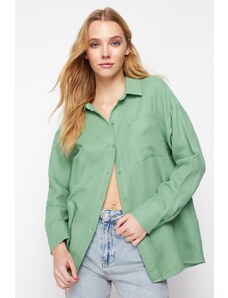 Trendyol Green Buttoned Rollable Sleeve Detailed Oversize Muslin Woven Shirt