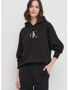 Bavlněná mikina Calvin Klein Jeans dámská, černá barva, s kapucí, s potiskem