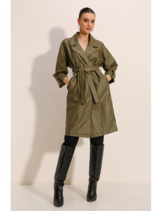 Bigdart 1034 Belted Faux Leather Trench Coat - Khaki