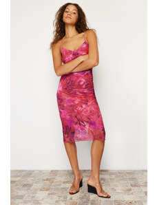 Trendyol Fuchsia Floral Printed Strap Gathered Tulle Knitted Midi Dress