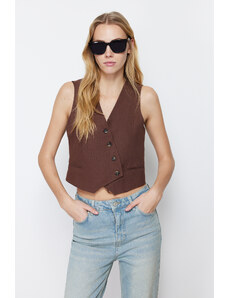 Trendyol Brown Crop Fitted Button Detailed Woven Linen Look Vest
