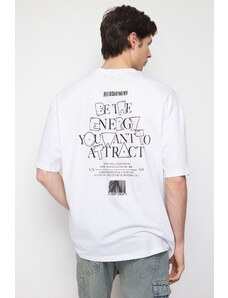 Trendyol White Oversize/Wide Cut Fluffy Text Printed 100% Cotton T-Shirt