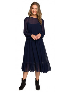 model 18004581 Šifonové šaty s volánem tmavě modré - STYLOVE