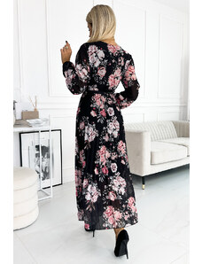 numoco basic Černé dámské plisované midi šaty s výstřihem, dlouhými rukávy, zavazováním v pase a se vzorem červeno-růžových květů 502-2