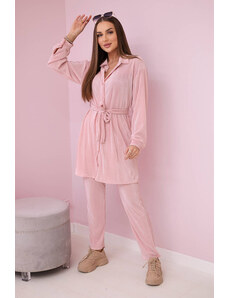 K-Fashion Plisovaná souprava košilové + kalhoty pudrově růžová