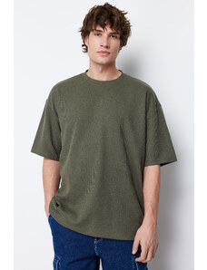 Trendyol Khaki Oversize Crew Neck Krátký rukáv Základní texturované tričko