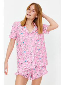 Trendyol Pink 100% Cotton Fun Patterned Shirt-Shorts Knitted Pajama Set