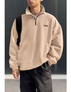 Trendyol Beige Oversize/Wide Fit Zippered Stand Collar Label Thick Fleece/Plush Sweatshirt