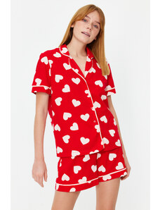 Trendyol Red 100% Cotton Heart Patterned Piping Detailed Shirt-Shorts Knitted Pajama Set