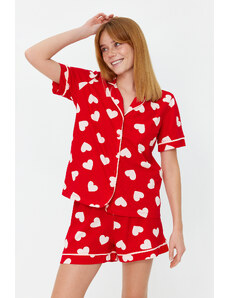 Trendyol Red 100% Cotton Heart Patterned Piping Detailed Shirt-Shorts Knitted Pajamas Set