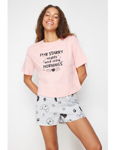 Trendyol Pink-Grey 100% Cotton Slogan Printed Knitted Pajamas Set