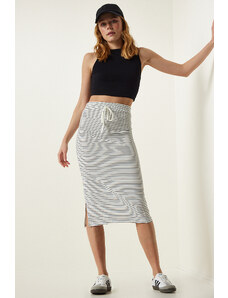 Happiness İstanbul Women's White Striped Slit Wrap Knitted Skirt