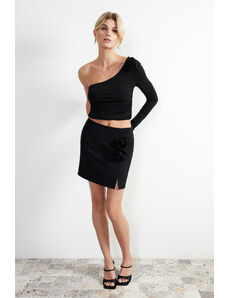Trendyol Black Rose Detail Slit Detail Mini Woven Skirt