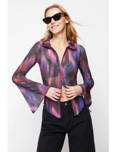 Trendyol Purple Special Textured Regular/Normal Pattern Printed Shirt Collar Stretchy Knitted Blouse