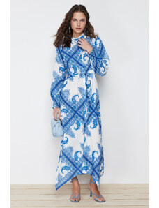 Trendyol Blue Shawl Pattern Asymmetrical Skirt Detailed Tied Woven Dress