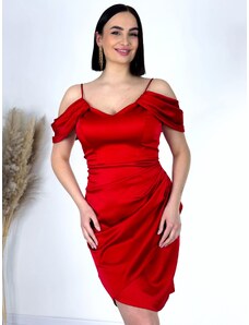 Webmoda Dámské krátké saténové společenské šaty s nabíráním pro moletky - červené