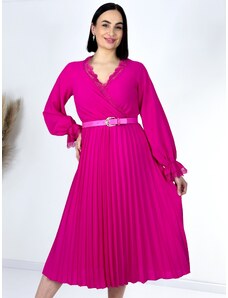 Webmoda Dámské midi společenské šaty s krajkou a plisovanou sukní - růžové