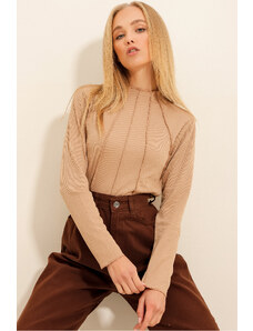 Trend Alaçatı Stili Women's Dark Beige Stand-Up Collar Sewing Detailed Self-Textured Crop Blouse