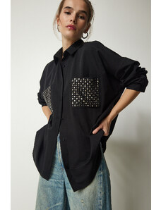 Happiness İstanbul Women's Black Metal Pocket Detailed Oversize Woven Shirt
