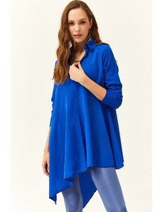 Olalook Women's Saks Blue Shirt Collar Asymmetrical Tunic