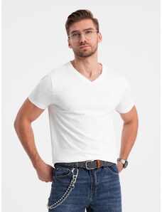 Ombre Clothing Pánské tričko V-NECK s elastanem - bílé V1 OM-TSCT-0106