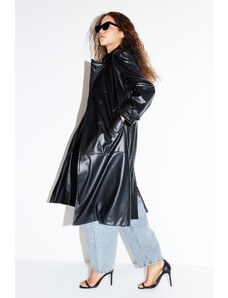 Trendyol Black Belted Faux Leather Trench Coat