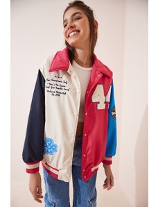 Happiness İstanbul Women's Cream Pink Embroidered Embroidered Bomber Coat