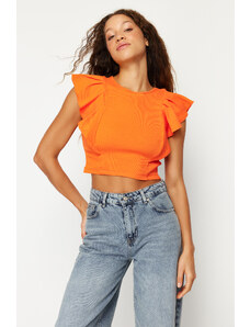 Trendyol Orange Sleeves Frilly Ribbed Stretchy Crew Neck Crop Knitted Blouse