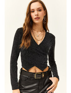 Olalook Women's Black Wrapped Glitter Detailed Crop Blouse