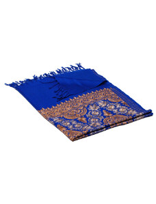 Pranita Kašmírská vlněná šála vyšívaná hedvábím modrá se světle hnědou