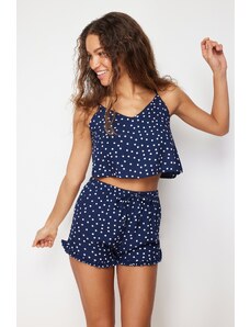 Trendyol Navy Blue Polka Dot Frill Detailed Viscose Woven Pajamas Set