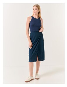 Jimmy Key Navy Blue Normal Waist Slit Midi Linen Skirt