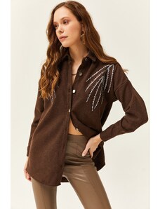 Olalook Women's Leaf Bitter Brown Stamp Detail Oversize Stamp Shirt