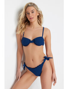 Trendyol Navy Blue Gingham Textured Frilly Regular Bikini Bottom