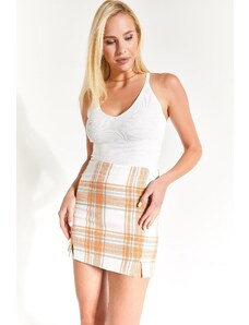 armonika Women's Beige Plaid Pattern Stitched Slit Mini Skirt