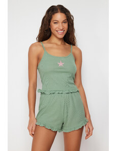 Trendyol Green Star Embroidered Frilly Ribbed Knitted Pajamas Set