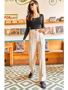 Olalook Women's Stone Stitching Detailed Wide Leg Wool Effect Trousers