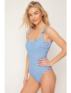 Trendyol White-Blue Striped Square Collar Textured Regular Swimsuit with Accessories