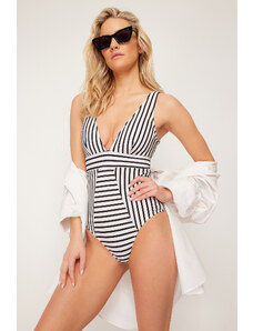 Trendyol Black-White Striped V-Neck Recovery Regular Swimsuit