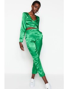 Trendyol zelené rovné saténové tkané kalhoty