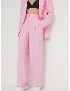 Kalhoty s příměsí lnu HUGO růžová barva, high waist, 50520961