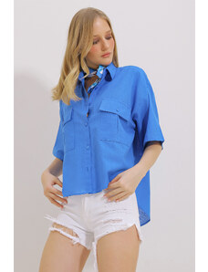Trend Alaçatı Stili Women's Saxe Blue Double Pocket Half Sleeve Linen Shirt